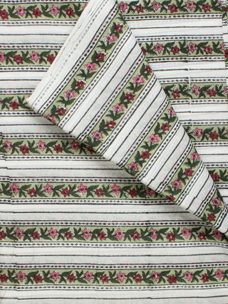 Pistachio Green Maroon Pink Hand Block Printed Cotton Fabric Per Meter - F001F2235