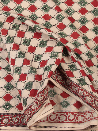 Red Green Beige Hand Block Printed Cotton Fabric Per Meter - F001F2472