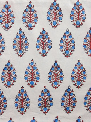 Ivory Red Indigo Ajrakh Hand Block Printed Cotton Fabric Per Meter - F003F1538