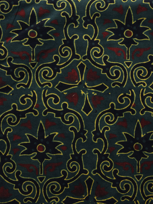 Green Black Yellow Rust Black Ajrakh Hand Block Printed Cotton Blouse Fabric - BPA035