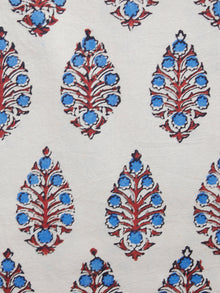 Ivory Red Indigo Ajrakh Hand Block Printed Cotton Fabric Per Meter - F003F1538