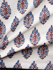 Ivory Red Indigo Ajrakh Hand Block Printed Cotton Fabric Per Meter - F003F1538