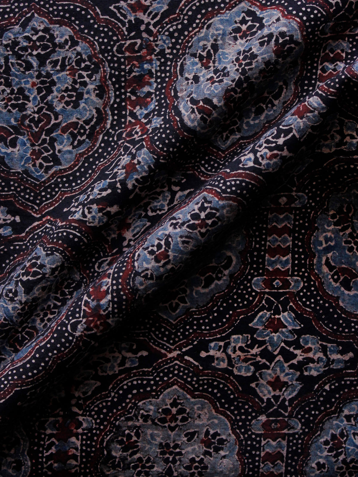 Black Maroon Light Blue Ivory Ajrakh Hand Block Printed Cotton Blouse Fabric - BPA0137