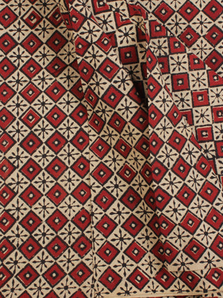 Beige Red Black Hand Block Printed Cotton Fabric Per Meter - F001F2087