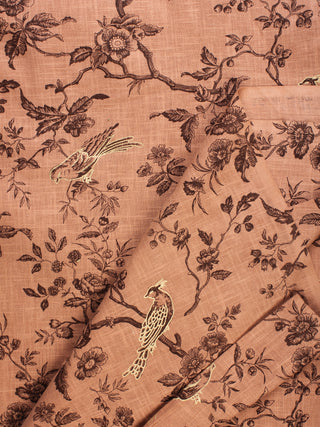 Peach Black Gold Printed Cotton Slub Fabric Per Meter - F001F2239