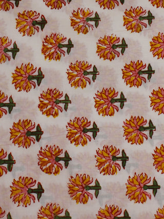 White Multi Color Hand Block Printed Cotton Cambric Fabric Per Meter - F0916136