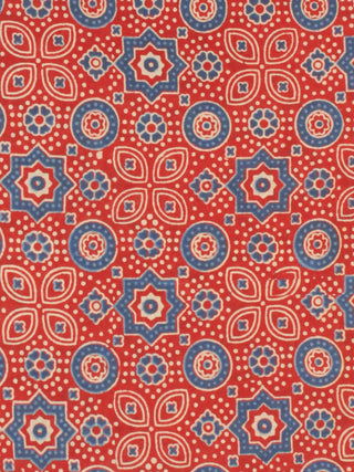Orange Ivory Blue Ajrakh Printed Cotton Fabric Per Meter - F0916706