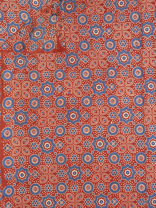 Orange Ivory Blue Ajrakh Printed Cotton Fabric Per Meter - F0916706