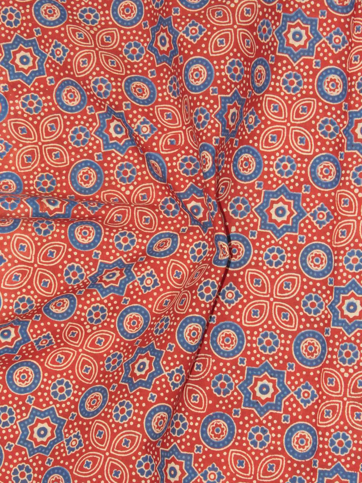 Orange Ivory Blue Ajrakh Printed Cotton Fabric Per Meter - F0916706