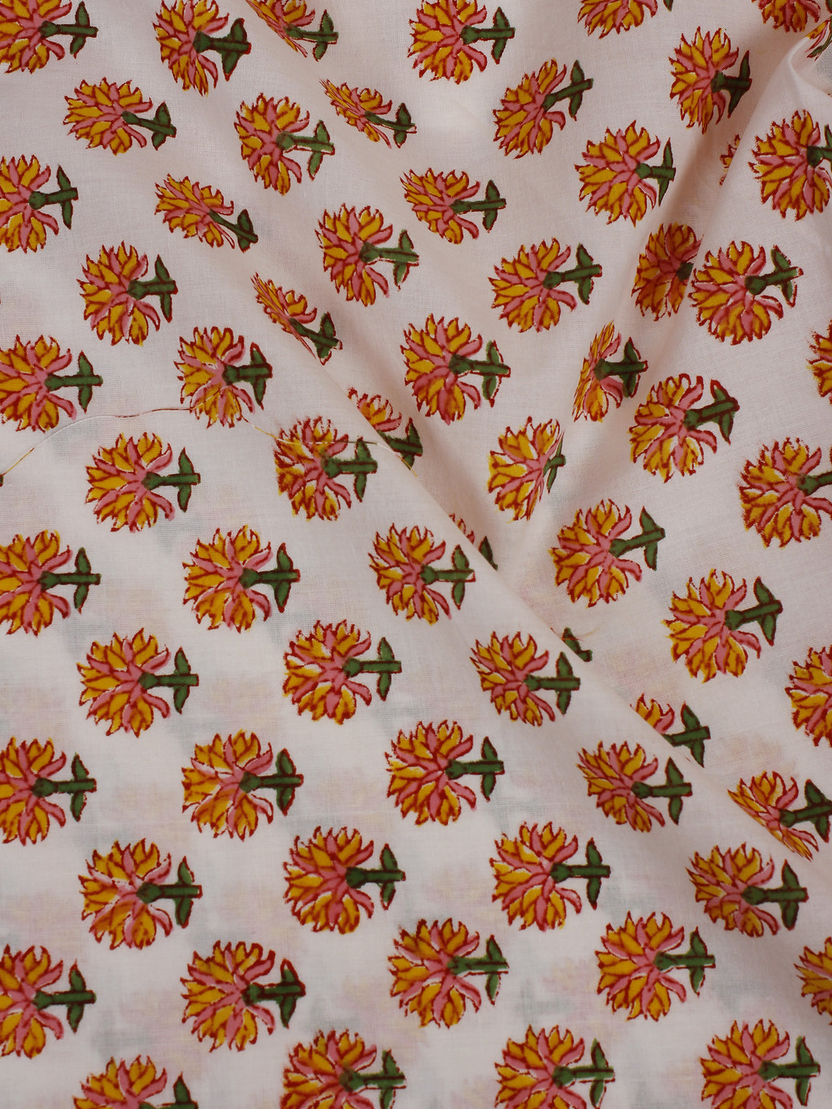 White Multi Color Hand Block Printed Cotton Cambric Fabric Per Meter - F0916136