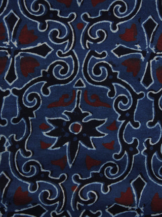 Indigo Ivory Black Rust Ajrakh Hand Block Printed Cotton Blouse Fabric - BPA036