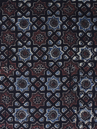 Black Brown Blue Ajrakh Printed Cotton Fabric Per Meter - F003F1193