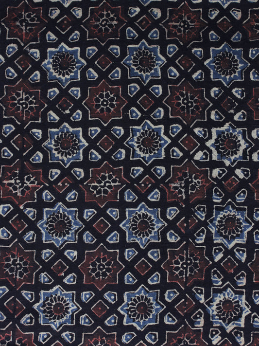 Black Brown Blue Ajrakh Printed Cotton Fabric Per Meter - F003F1193