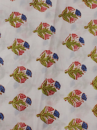 White Multi Color Hand Block Printed Cotton Cambric Fabric Per Meter - F0916135