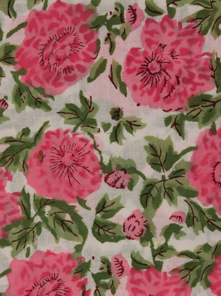 White Pink Green Hand Block Printed Cotton Fabric Per Meter - F001F2028