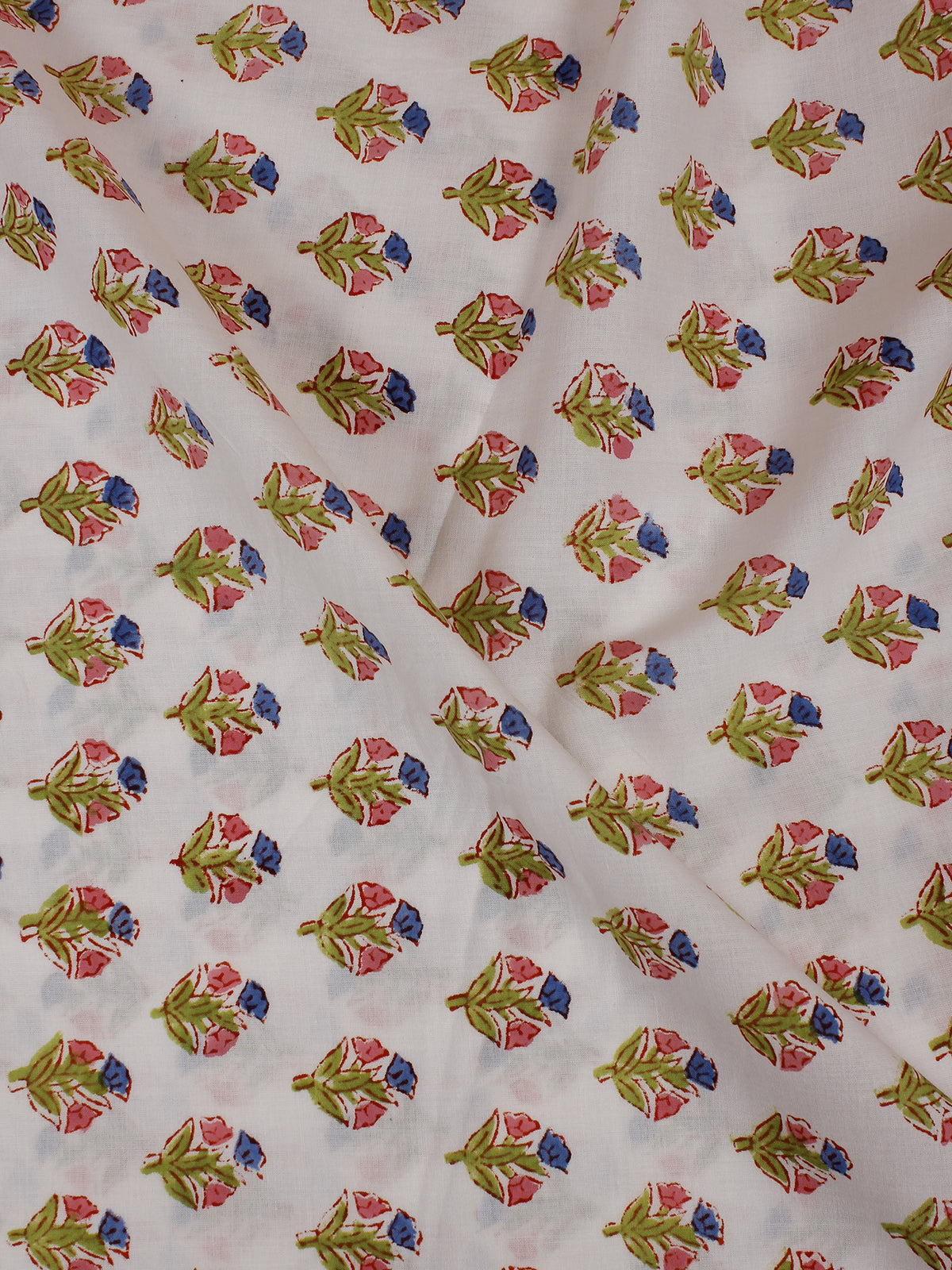 White Multi Color Hand Block Printed Cotton Cambric Fabric Per Meter - F0916135