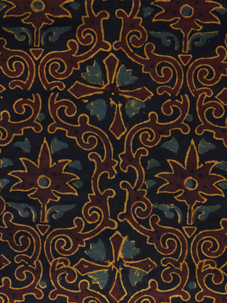 Brown Blue Rust Orange Ajrakh Hand Block Printed Cotton Blouse Fabric - BPA038