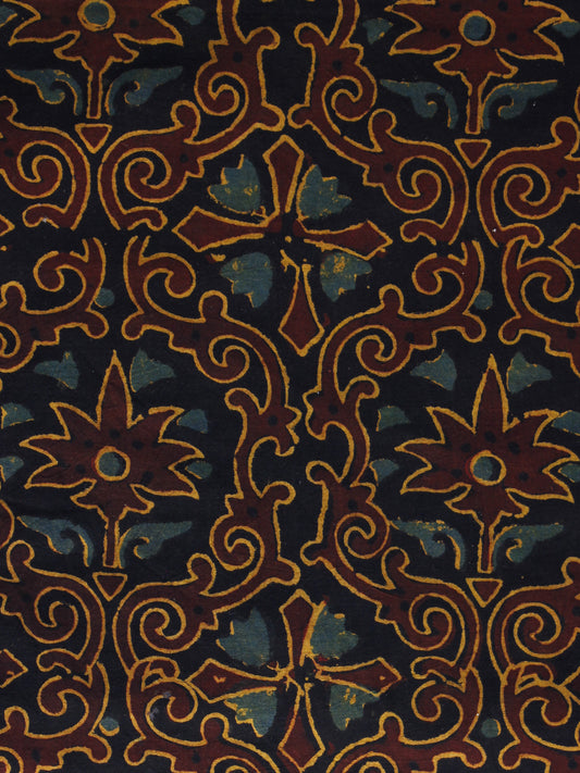 Brown Blue Rust Orange Ajrakh Hand Block Printed Cotton Blouse Fabric - BPA038