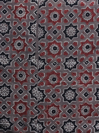 Brown Red Black Ajrakh Printed Cotton Fabric Per Meter - F003F1194