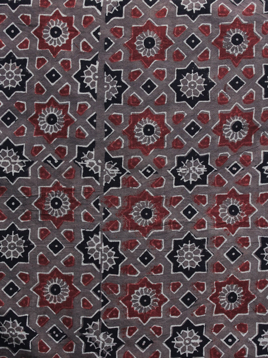 Brown Red Black Ajrakh Printed Cotton Fabric Per Meter - F003F1194