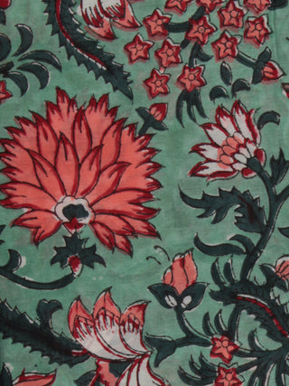 Green Coral White Hand Block Printed Cotton Fabric Per Meter - F001F2362
