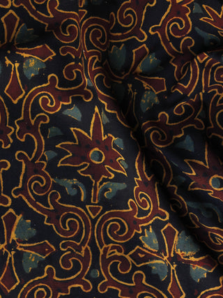 Brown Blue Rust Orange Ajrakh Hand Block Printed Cotton Blouse Fabric - BPA038