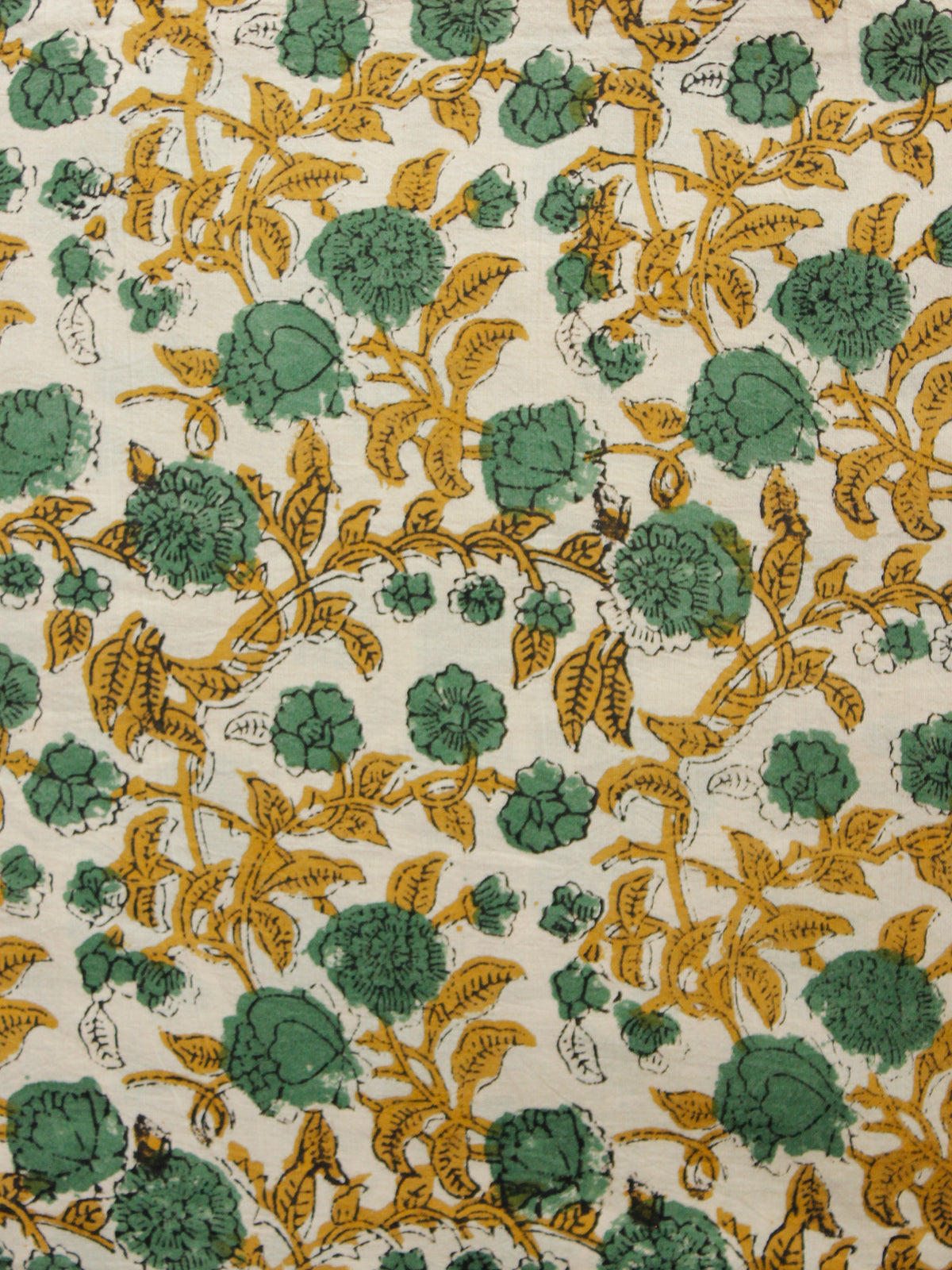 Beige Green Mustard Black Hand Block Printed Cotton Fabric Per Meter - F001F1369