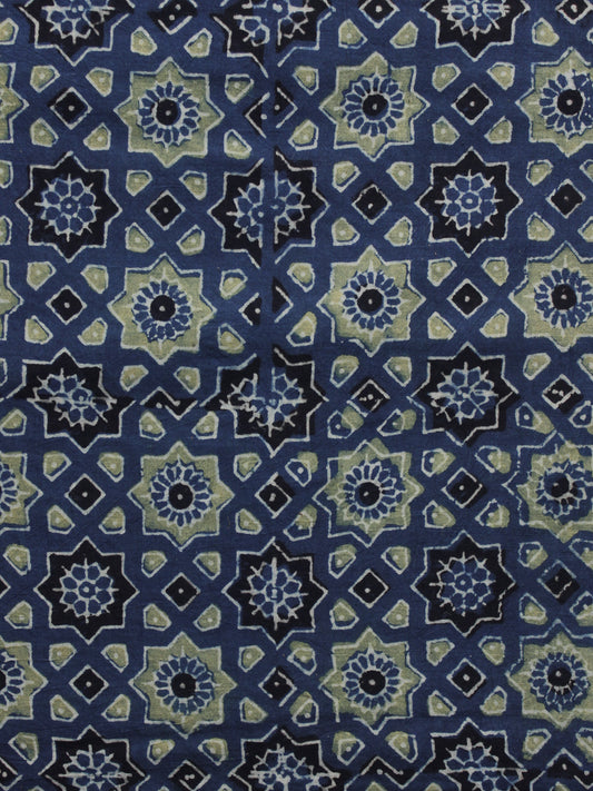 Indigo Olive Green Black Ajrakh Printed Cotton Fabric Per Meter - F003F1195