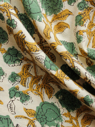Beige Green Mustard Black Hand Block Printed Cotton Fabric Per Meter - F001F1369
