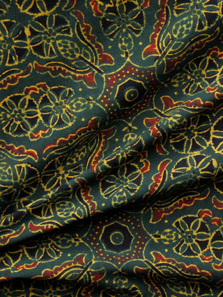 Green Mustard Red Black Ajrakh Hand Block Printed Cotton Fabric Per Meter - F003F1614