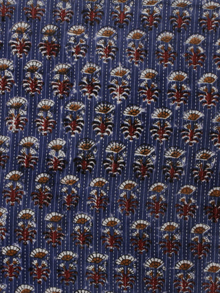 Indigo Ivory Maroon Brown Kantha Embroidered Hand Block Printed Cotton Fabric - F001F564