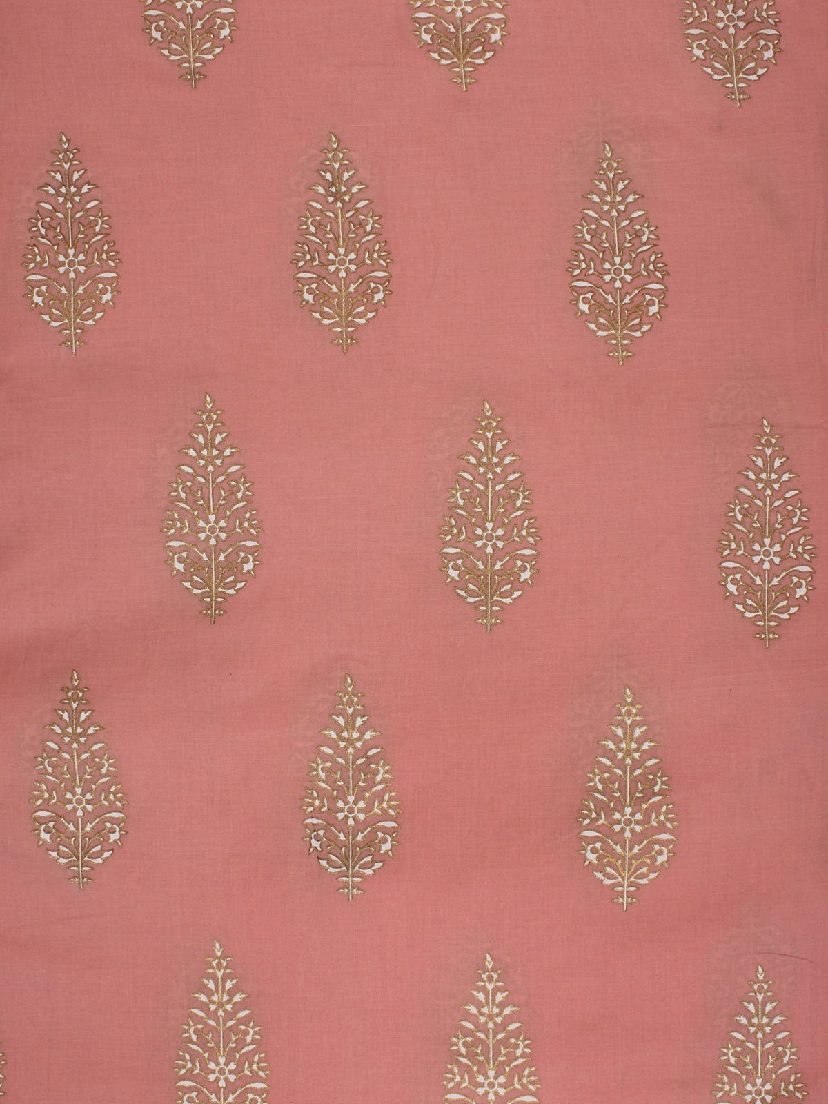 Coral White Golden Hand Block Printed Cotton Fabric Per Meter - F001F2285