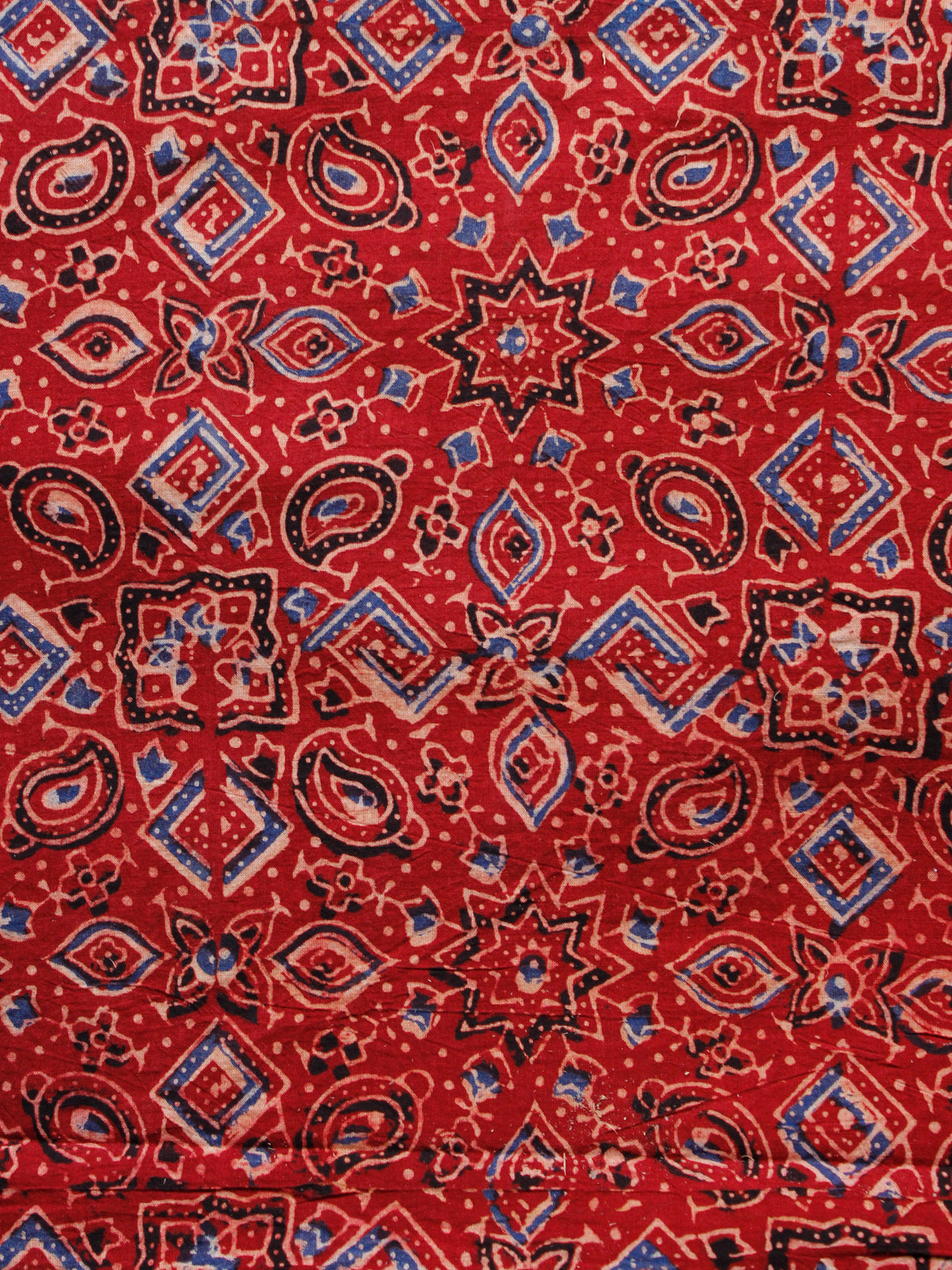 Red Black Blue Ivory Ajrakh Hand Block Printed Cotton Fabric Per Meter - F003F1578