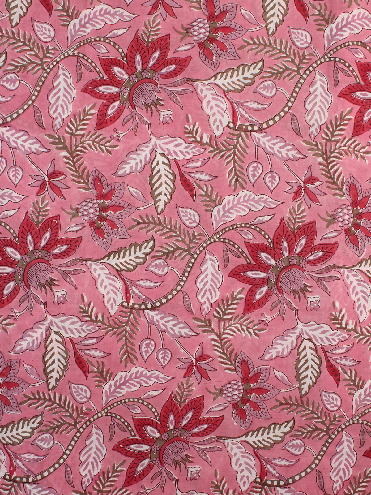 Pink Red White Hand Block Printed Cotton Fabric Per Meter - F001F2348