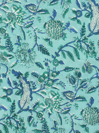Electric Blue Green Hand Block Printed Cotton Fabric Per Meter - F001F2297