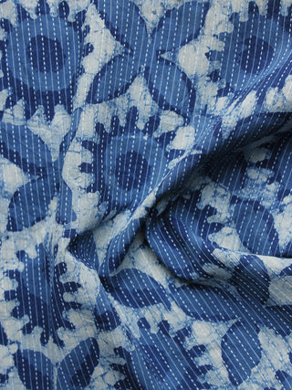 Indigo Ivory Kantha Embroidered Hand Block Printed Cotton Fabric - F004K1131