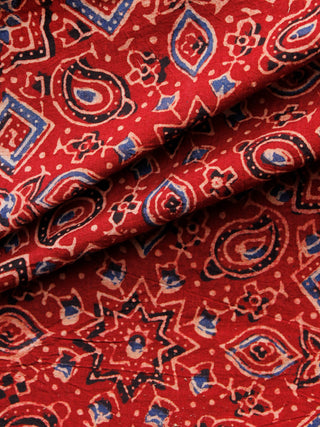 Red Black Blue Ivory Ajrakh Hand Block Printed Cotton Fabric Per Meter - F003F1578