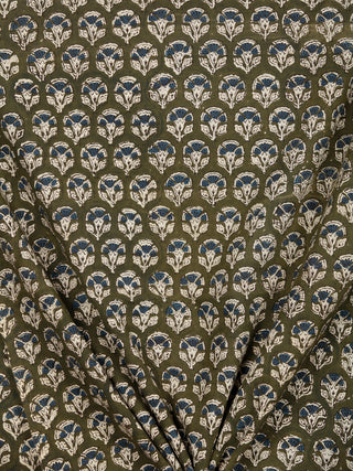 Green Indigo Beige Hand Block Printed Cotton Fabric Per Meter - F001F1738