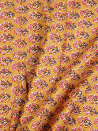 Mustard Green  Pink Hand Block Printed Cotton Fabric Per Meter - F001F2056