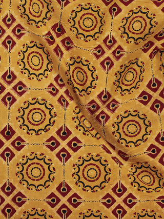 Mustard Yellow Maroon Black Ajrakh Printed Cotton Fabric Per Meter - F003F865