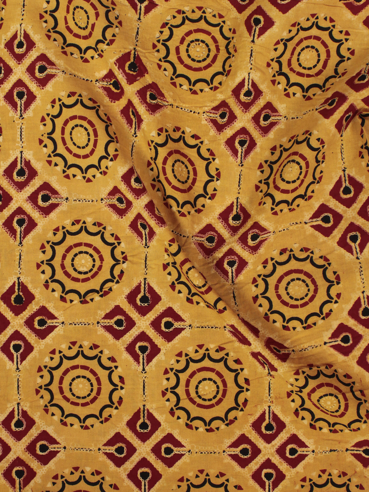 Mustard Yellow Maroon Black Ajrakh Printed Cotton Fabric Per Meter - F003F865
