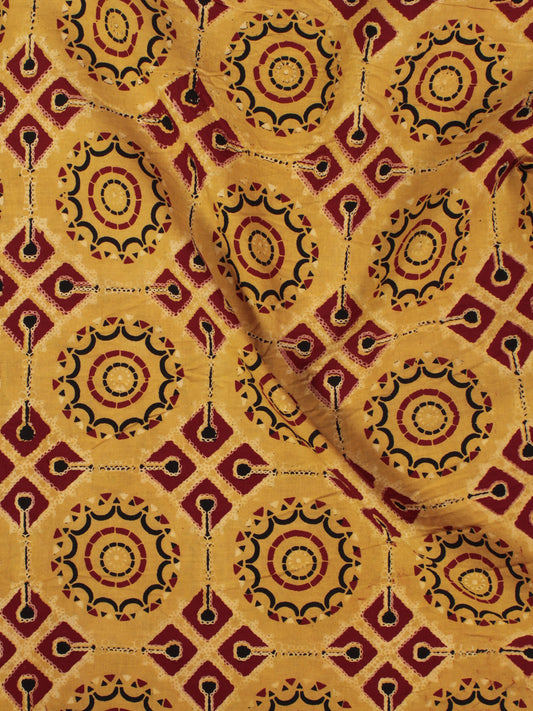 Mustard Yellow Maroon Black Ajrakh Printed Cotton Fabric Per Meter - F003F865