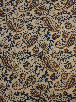 Beige Indigo Hand Block Printed Kalamkari Cotton Cambric Fabric Per Meter - F0916128