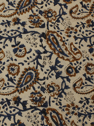 Beige Indigo Hand Block Printed Kalamkari Cotton Cambric Fabric Per Meter - F0916128