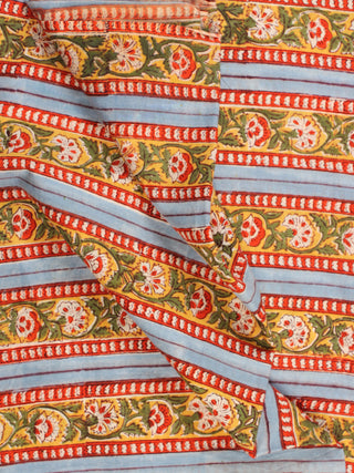 Yellow Green Pink Hand Block Printed Cotton Fabric Per Meter - F001F2197
