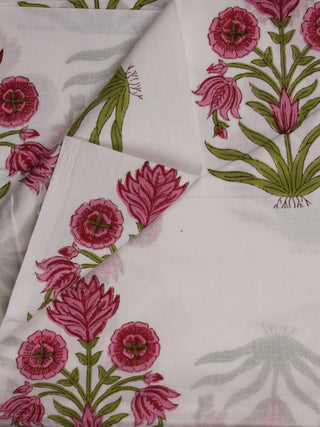 White Pink Green Hand Block Printed Cotton Fabric Per Meter - F001F2031