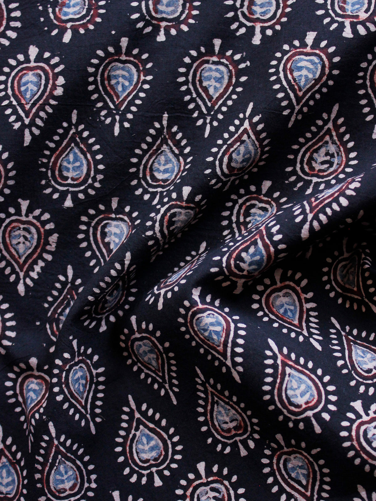 Black Indigo Ivory Red Ajrakh Hand Block Printed Cotton Blouse Fabric - BPA0151