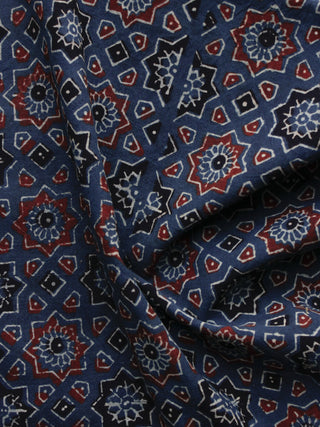 Blue Red Black Ajrakh Printed Cotton Fabric Per Meter - F003F1196