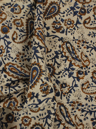 Beige Indigo Hand Block Printed Kalamkari Cotton Cambric Fabric Per Meter - F0916128