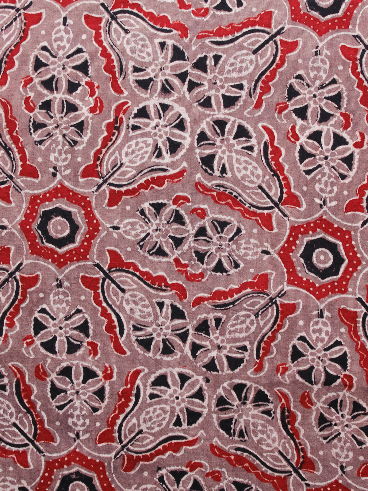 Light Brown Black Red Ivory Ajrakh Hand Block Printed Cotton Fabric Per Meter - F003F1616